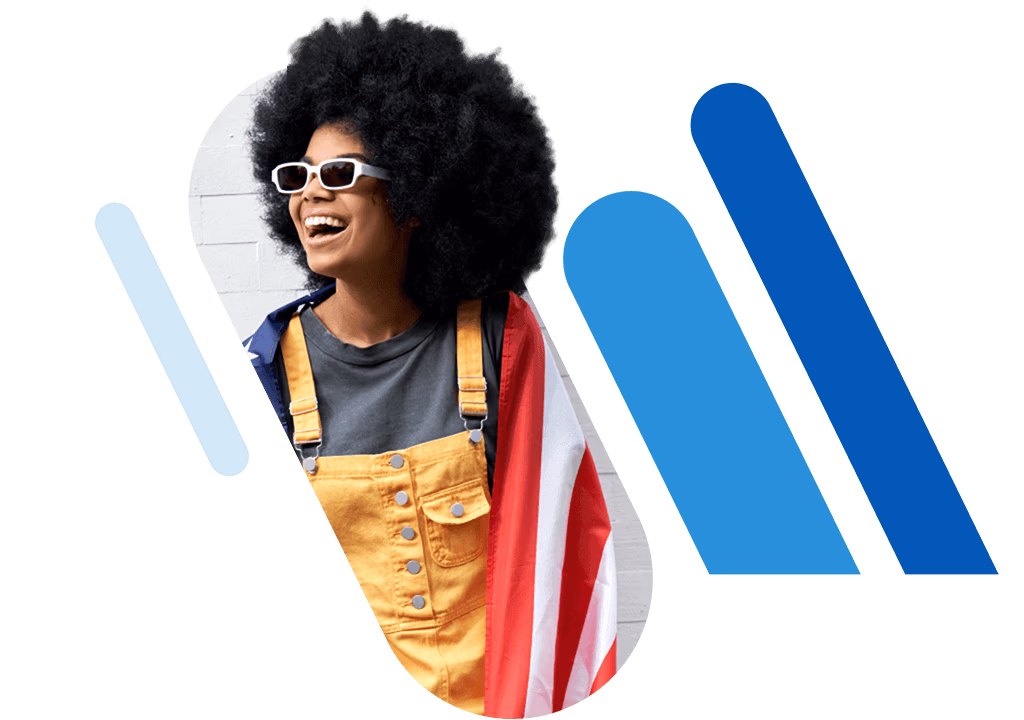 Blue bars, woman wearing sunglasses, and a US flag in the background.