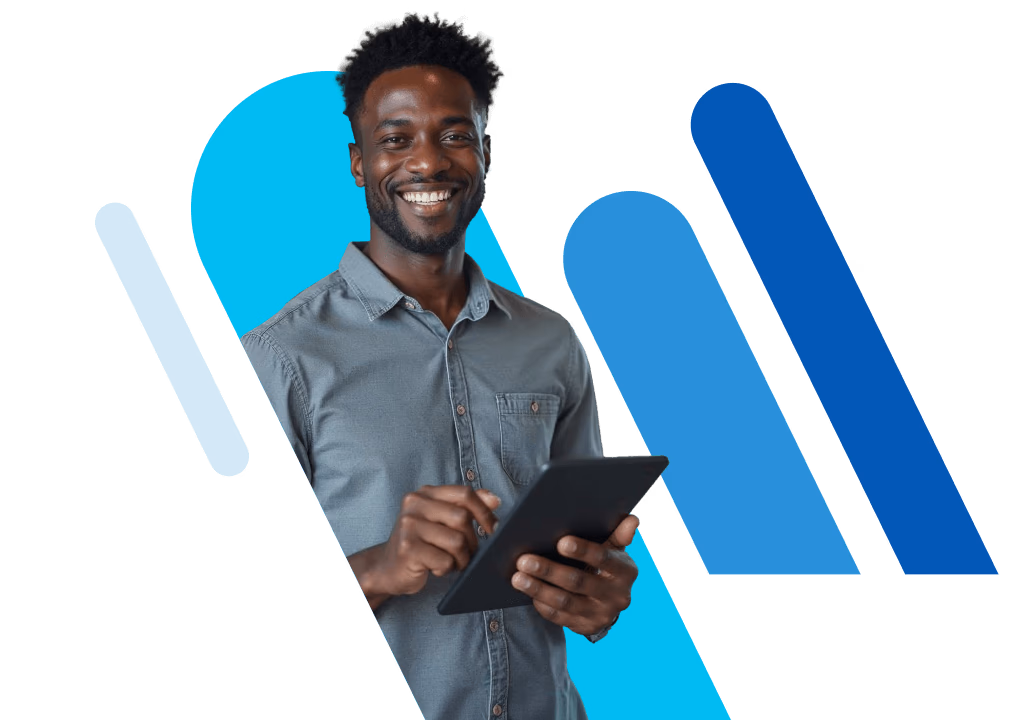 Smiling man holding a tablet in front of a dynamic blue graphic background.