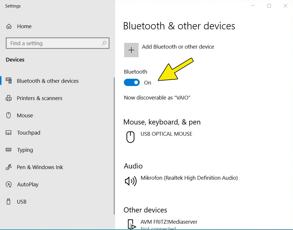 Screenshot Windows 10: Toggle “On” in the system setting for Bluetooth devices