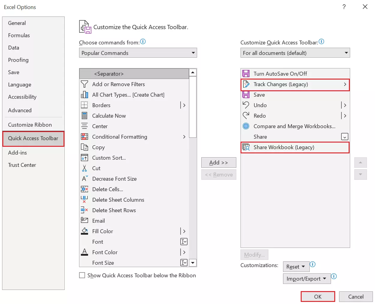 Excel options