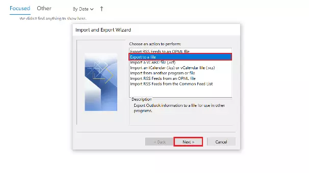 Outlook Import and Export Wizard: possible actions