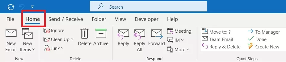 “Home” in Outlook menu bar