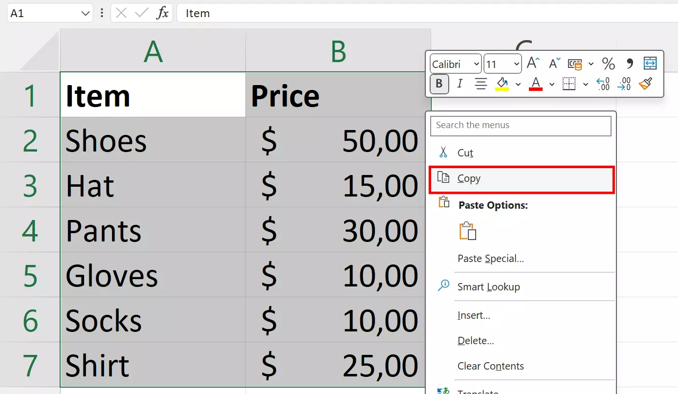 Selecting and copying an Excel worksheet