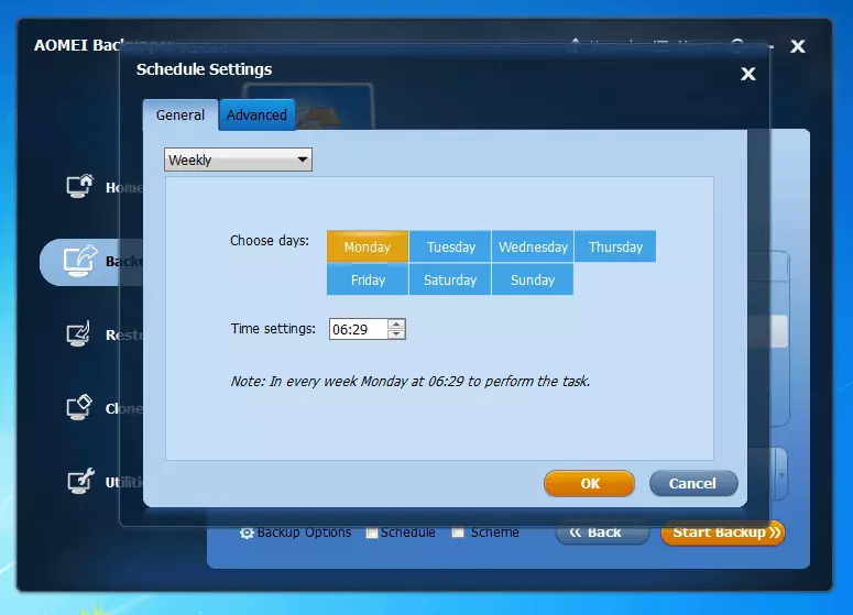 Aomei Backupper Standard 4.0.4: selection menu for a backup schedule