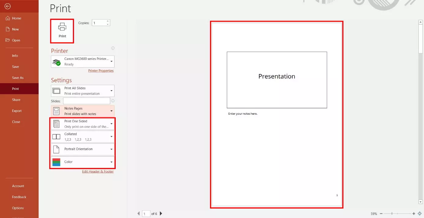 Printing PowerPoint with notes: print settings