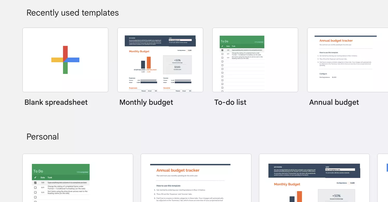 Screenshot of the various templates in Google Sheets