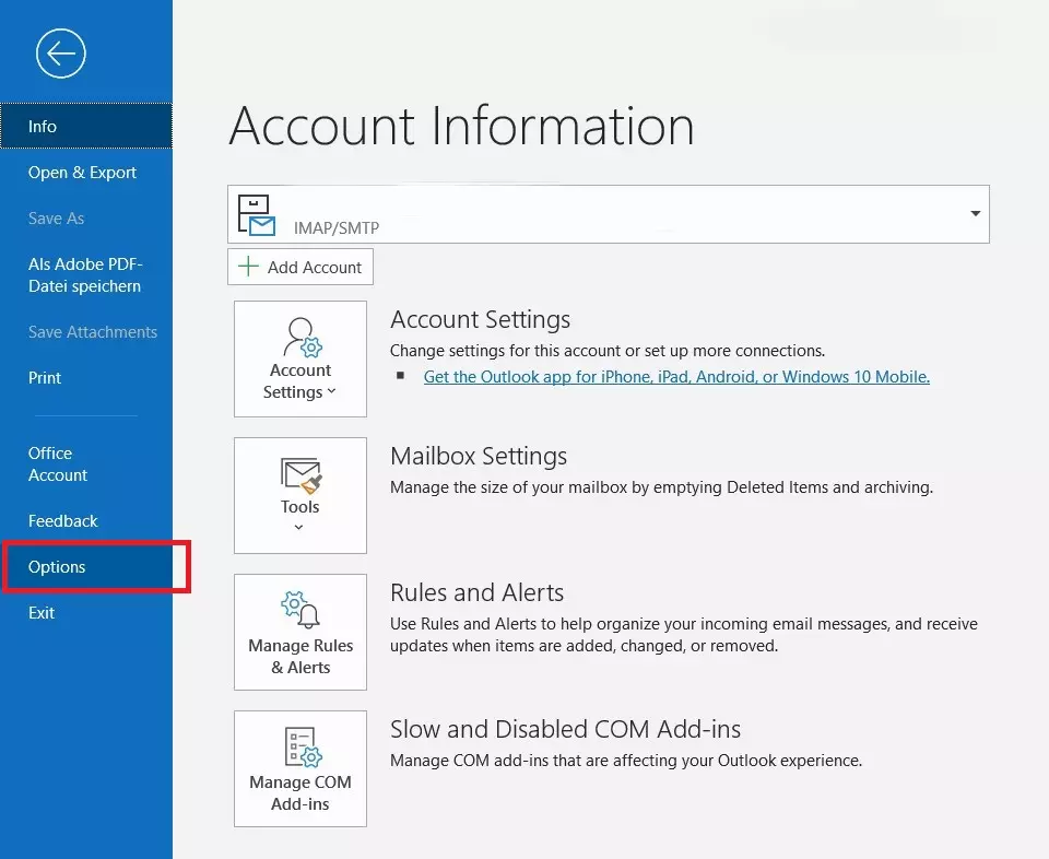 Outlook Options in Account Information pop-up window