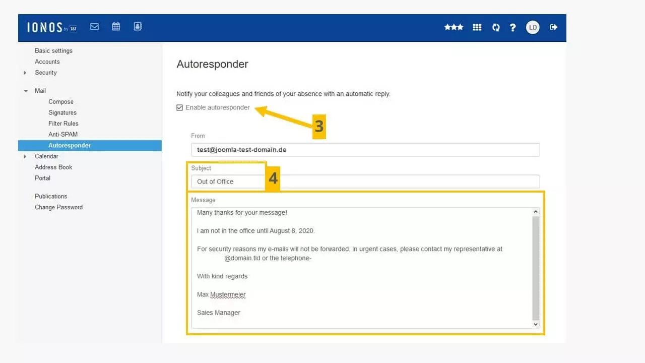 Out-of-office notice settings in the IONOS Webmail interface