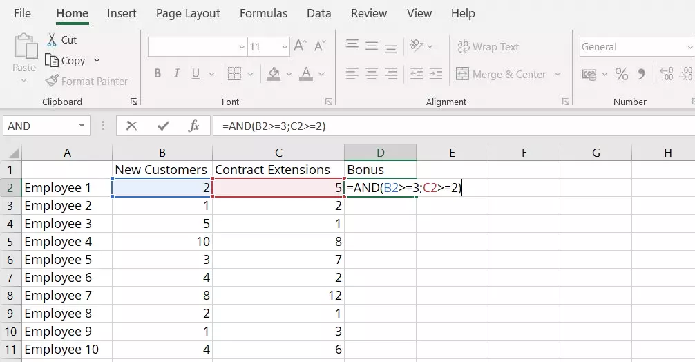 Excel AND function: entering the function in the cell