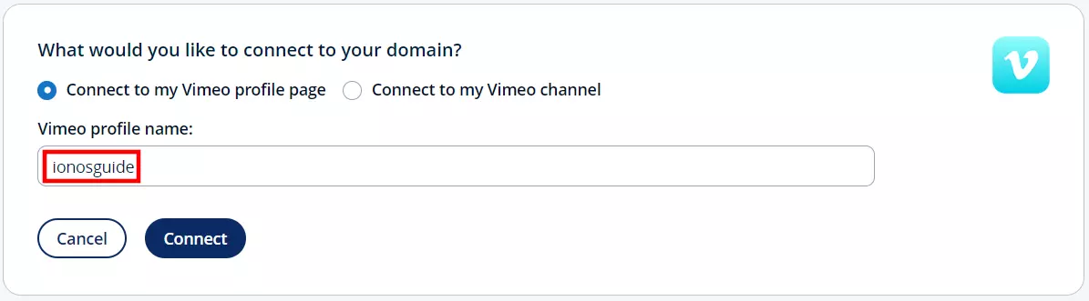 Connect Vimeo profile page in IONOS customer account