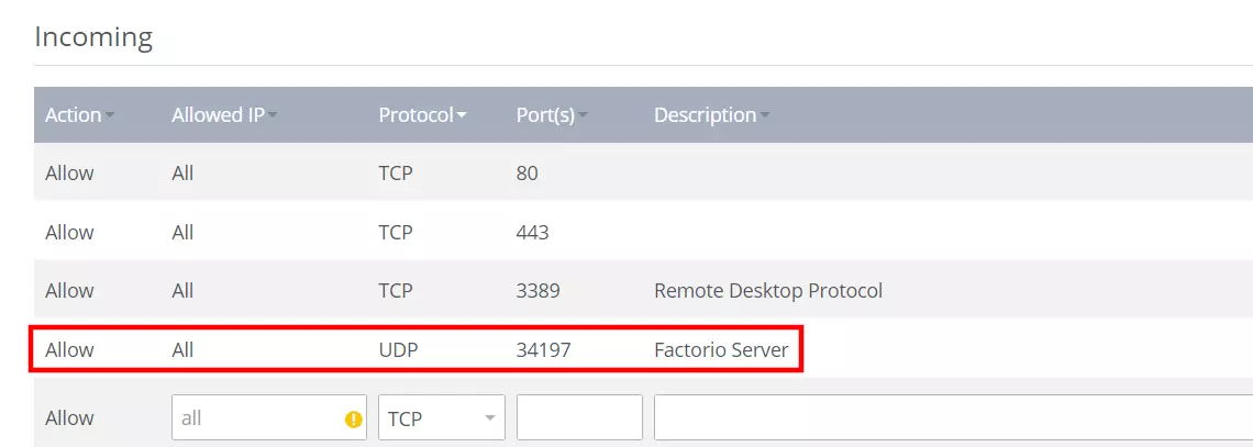 Opening a port for the Factorio server in the IONOS Cloud Panel