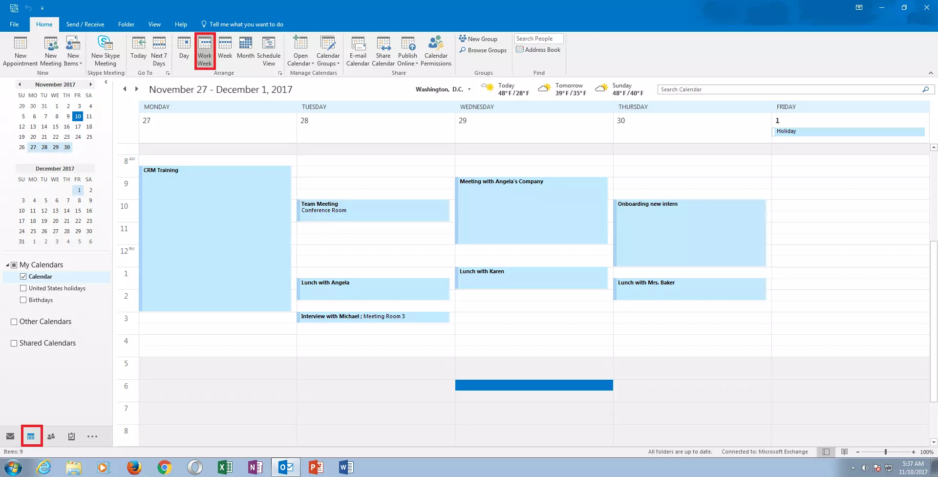 Outlook: Calendar view for one working week.