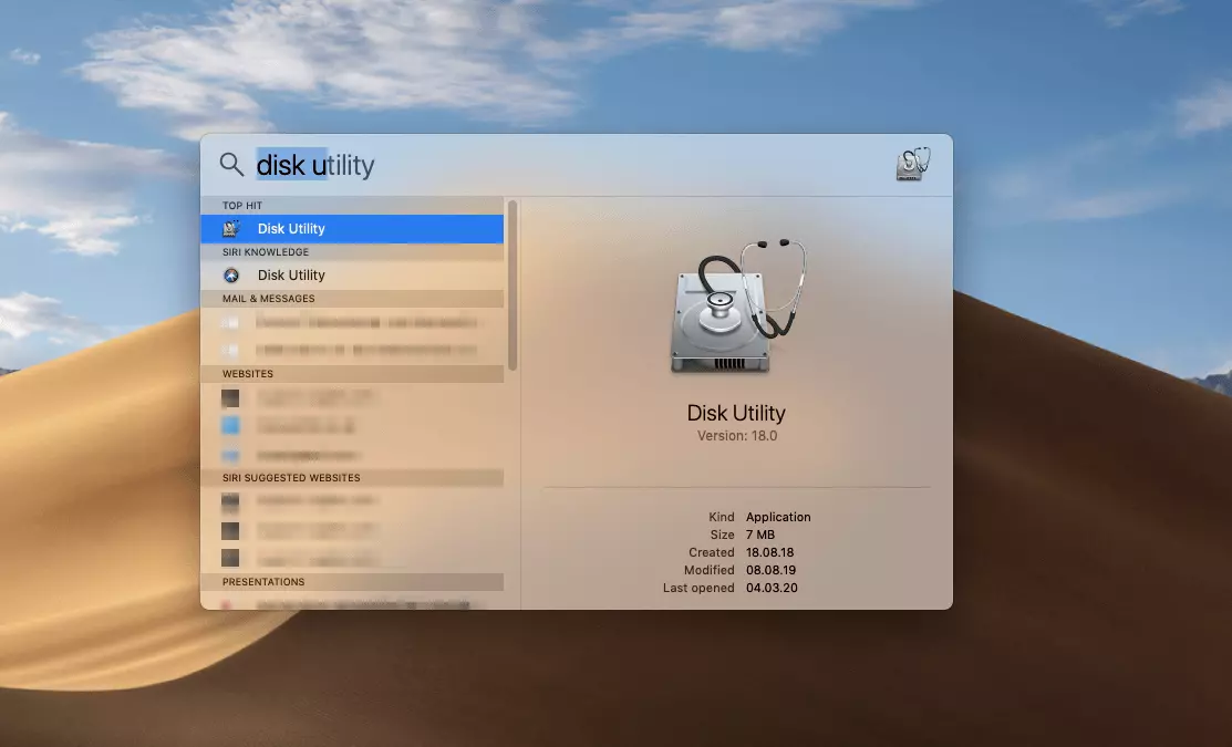 Spotlight Search in macOS: Hard Disk Utility