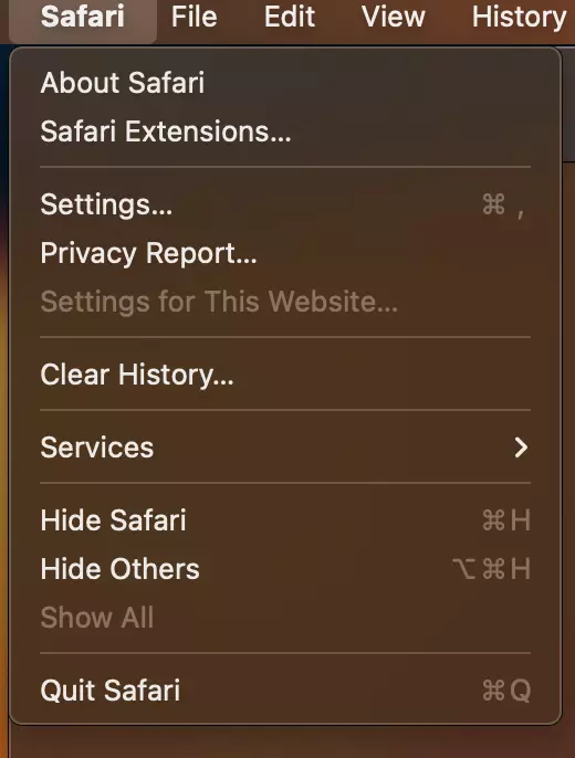 Screenshot of the Safari drop-down menu