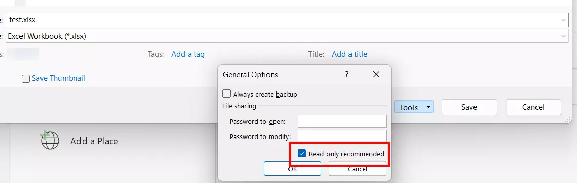 Excel file: “Read-only recommended” option