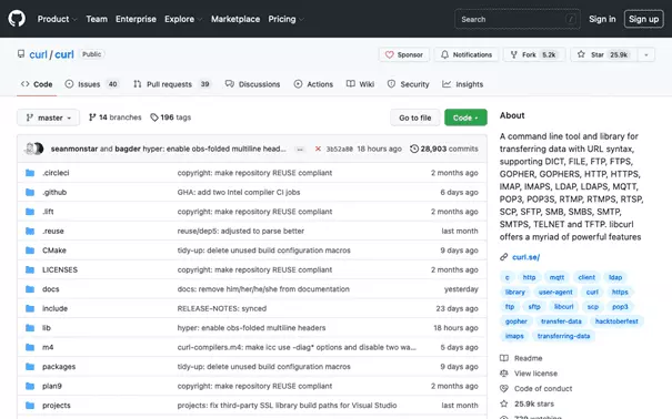 Overview page of the cURL repository