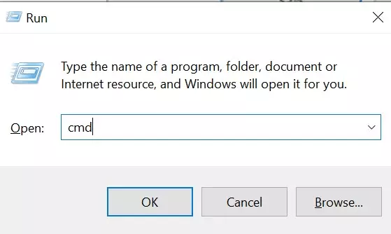 The Run dialog box with the command prompt “cmd”