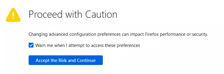 Warning that appears when opening the Firefox configuration editor