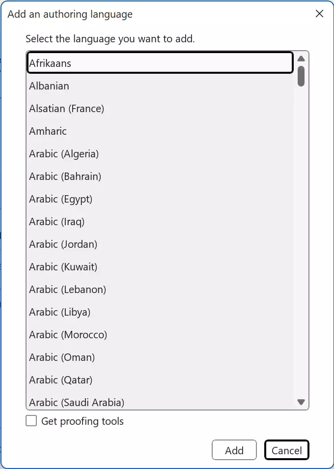 List of spell check languages in Word