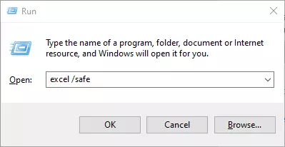 Dialog box for starting Excel in Safe Mode