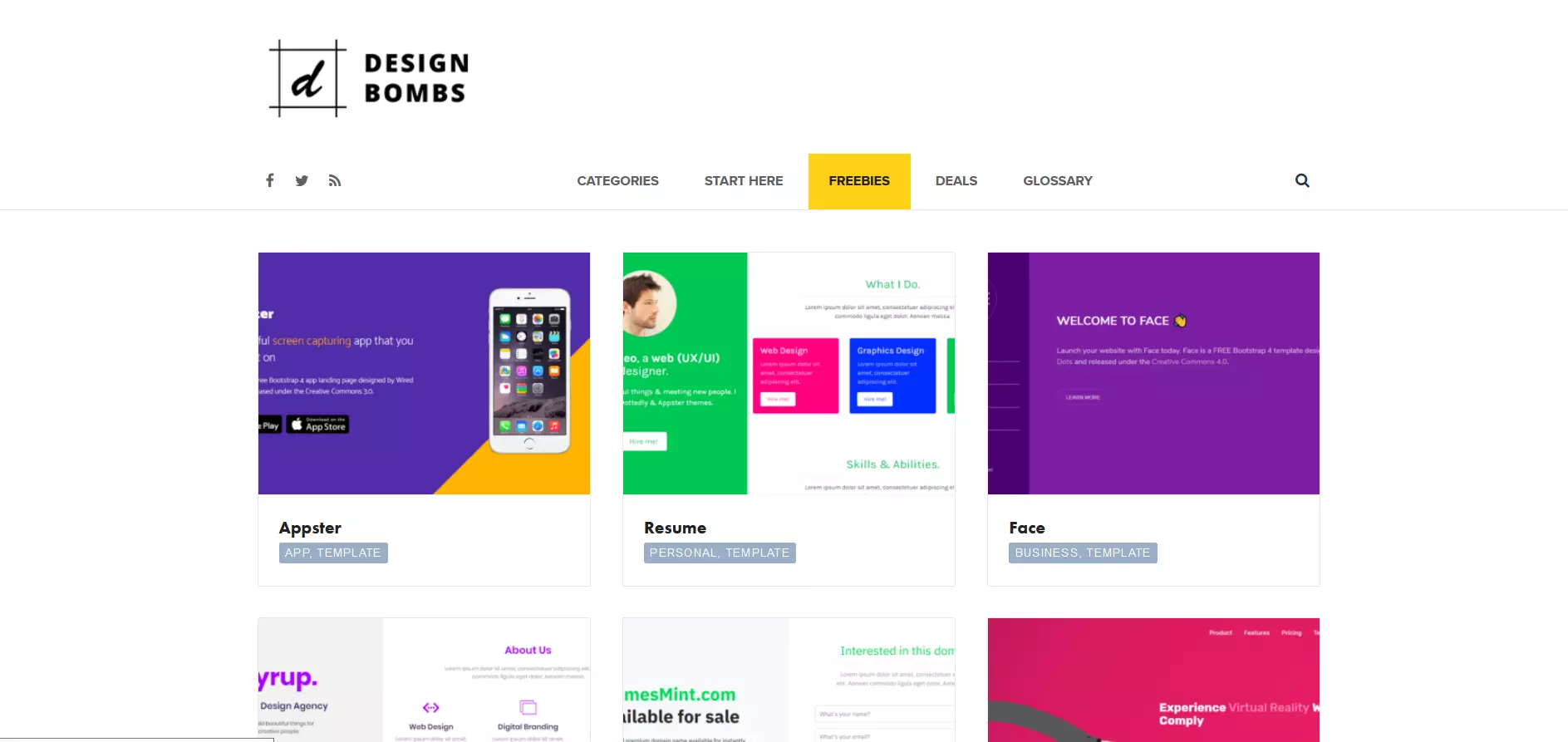 Page with free templates on Design Bombs website