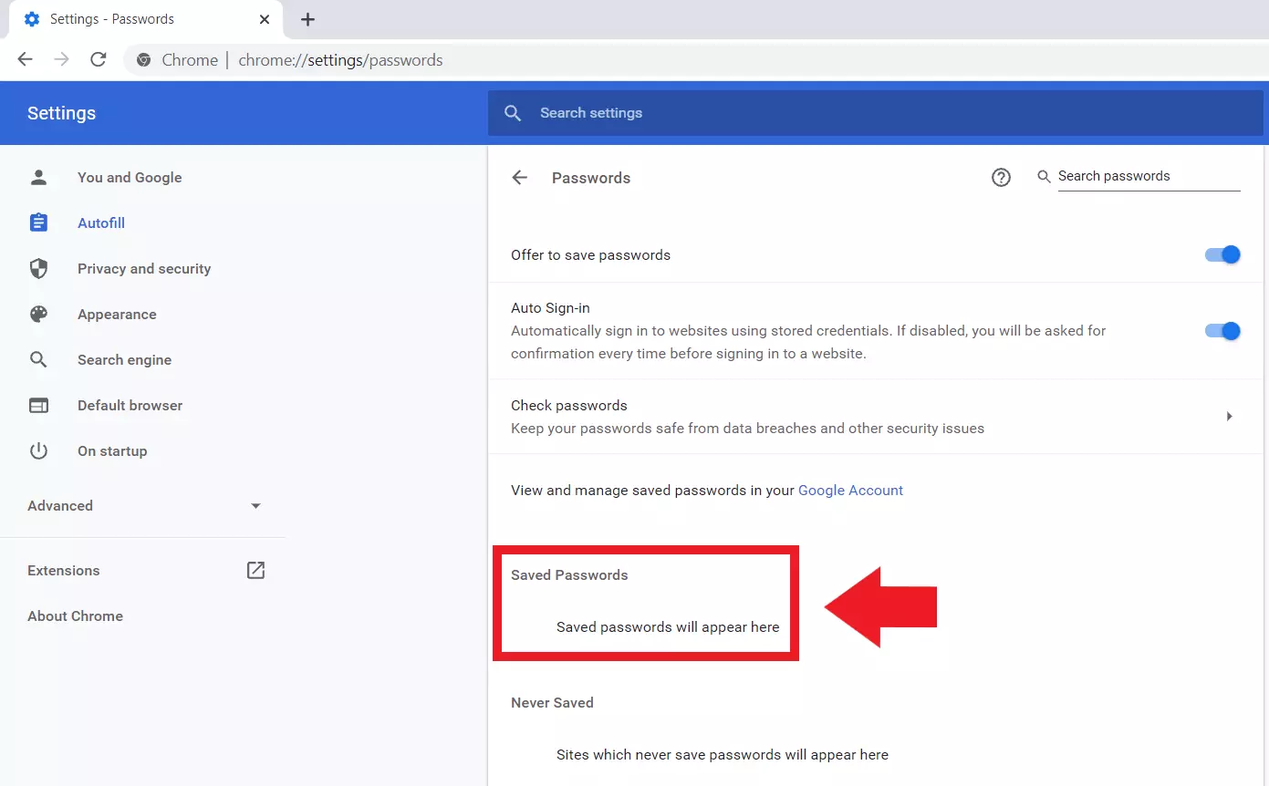 Google Chrome: “Passwords” menu, “Saved Passwords” entry