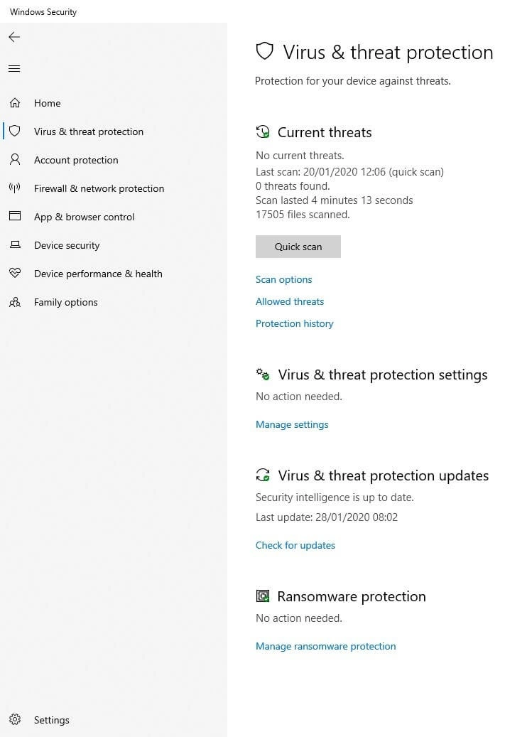 Virus and threat protection in Windows