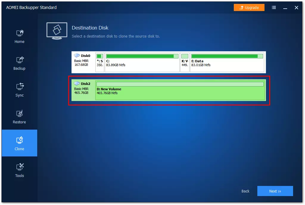 AOMEI Backupper Standard: Destination Disk selection menu