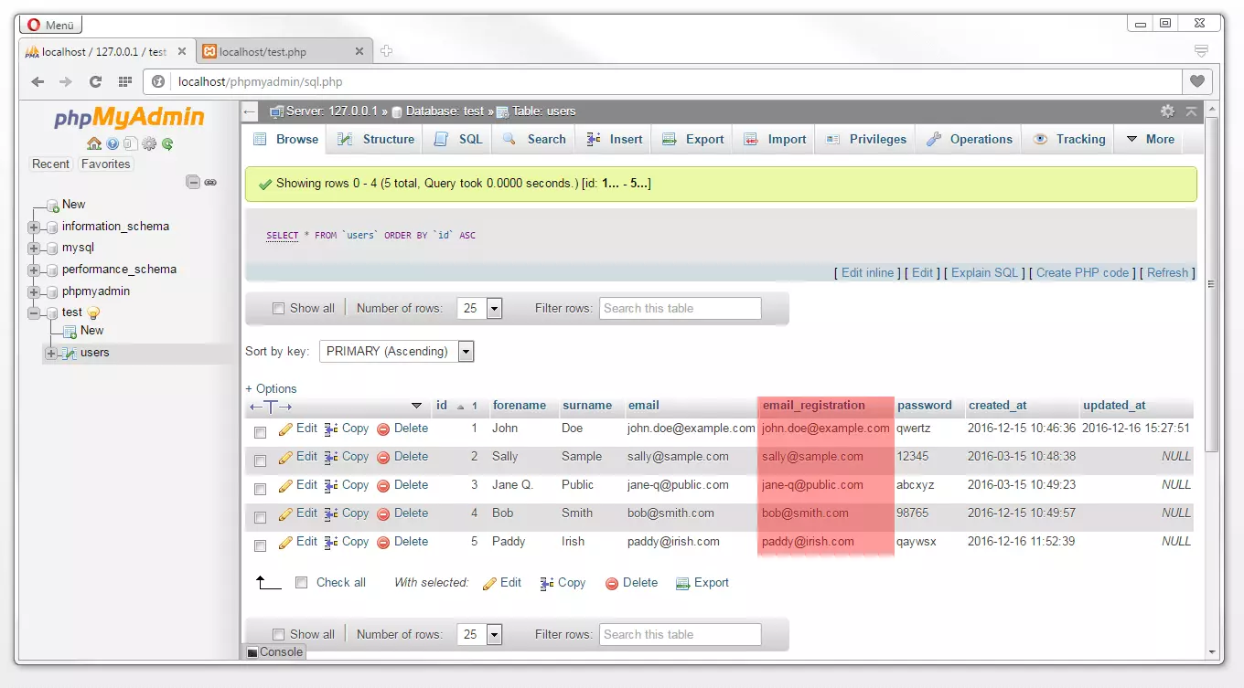 phpMyAdmin: updated table overview post UPDATE