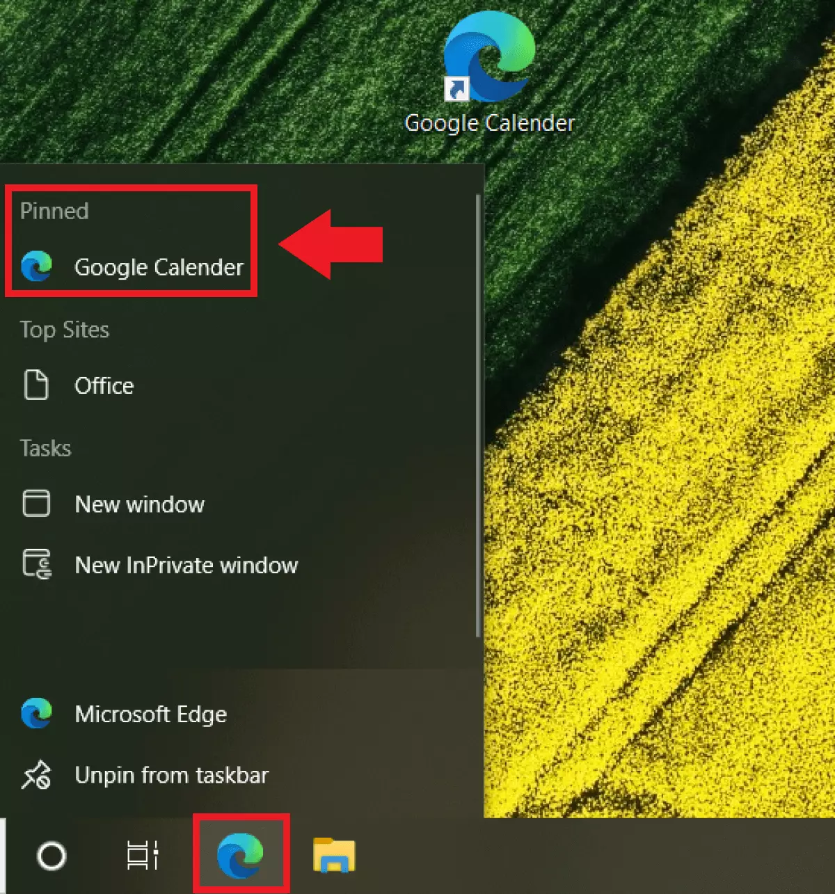 Pinned Google Calendar shortcut in right-click menu of browser icon in taskbar