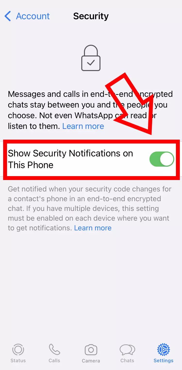 iPhone screenshot of security options in WhatsApp account settings