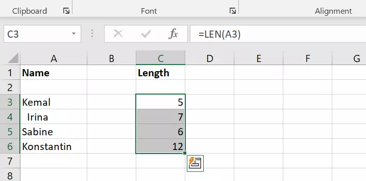 Excel: checking the number of characters with the LEN function