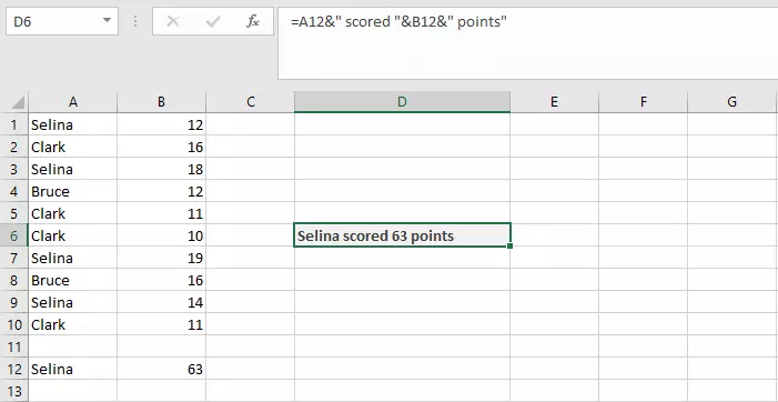 Concatenation of multiple cells and text in an Excel table