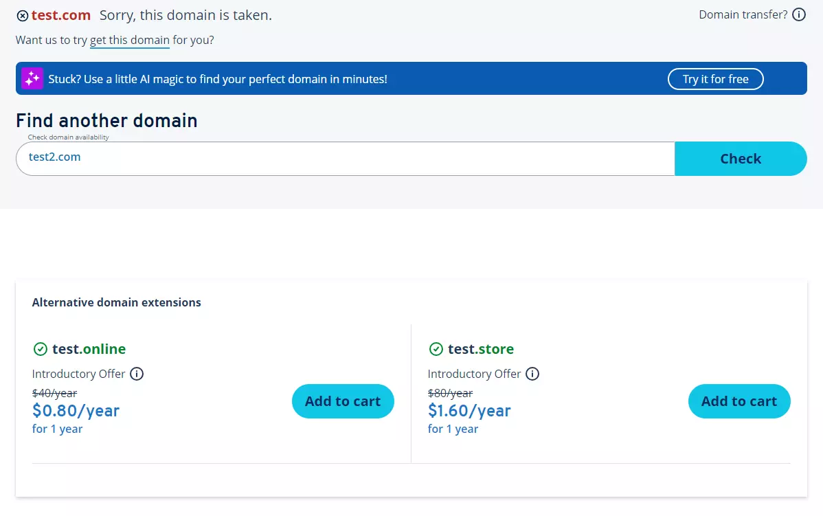 IONOS Domain Checker: Domain taken