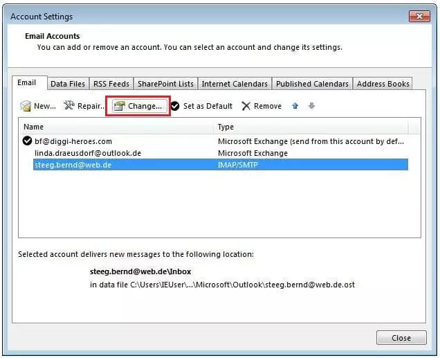 Outlook account settings: overview of linked e-mail addresses