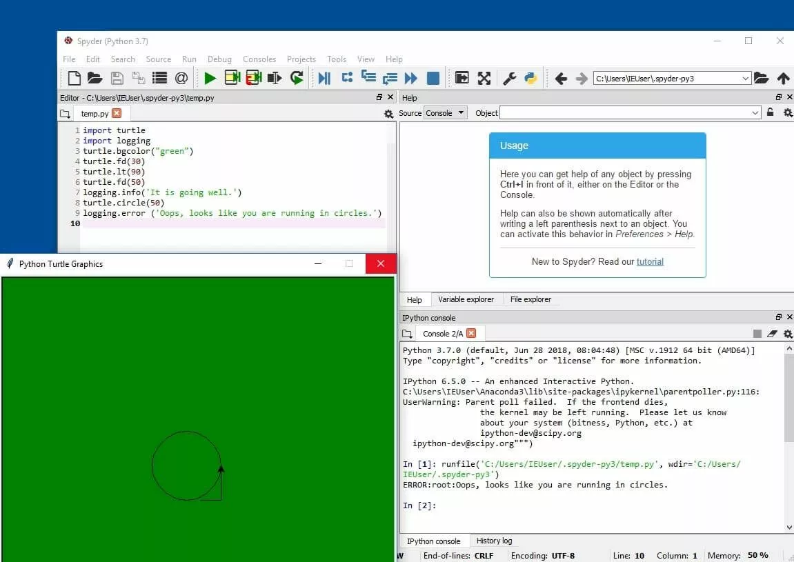 Python logging functions between simple Turtle commands with graphical output of the commands and logging recording in the console.