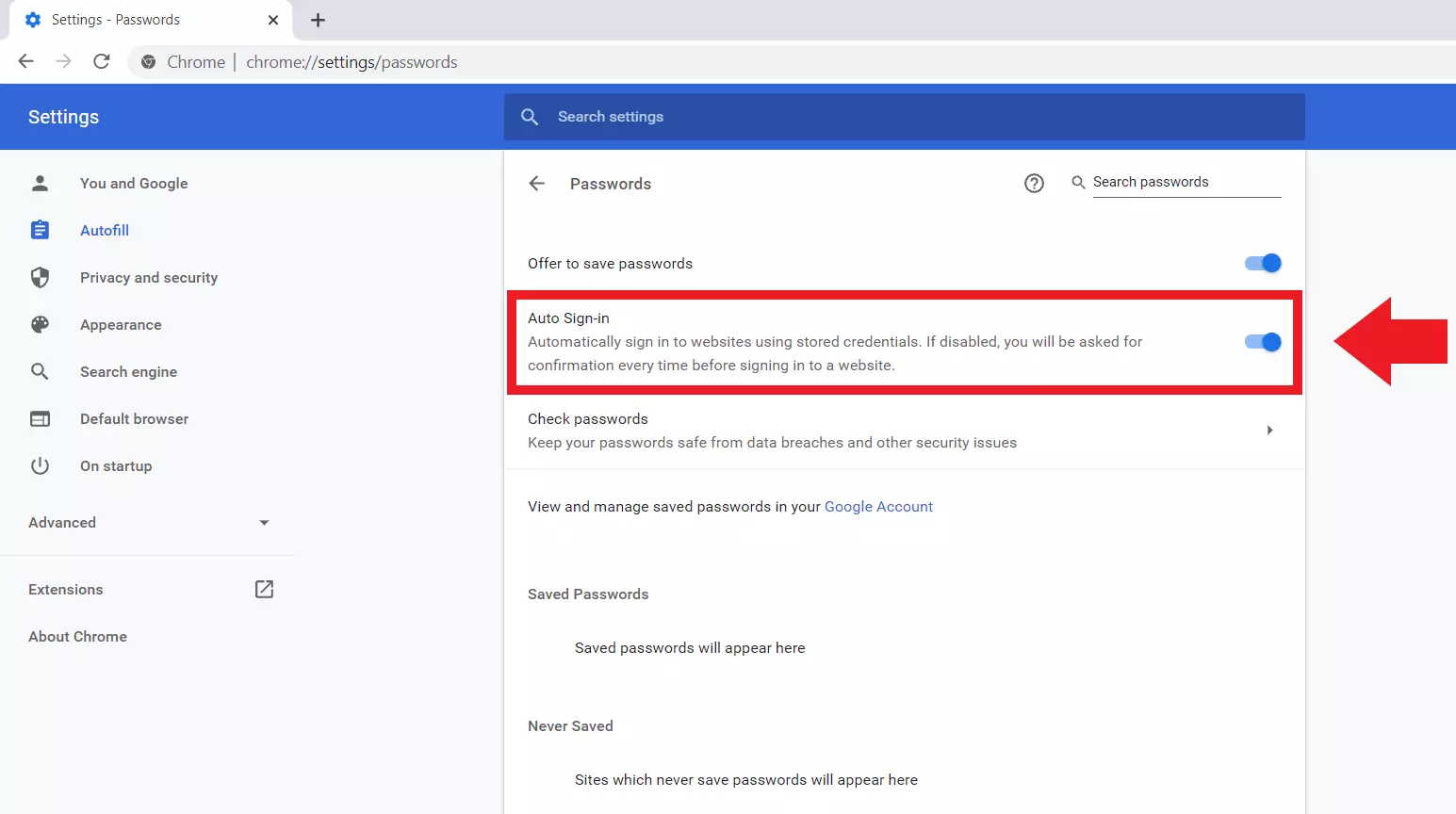 Google Chrome: “Passwords” menu, “Auto Sign-in” option