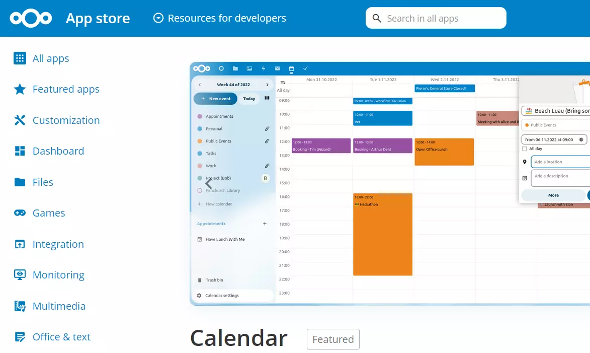 Calendar in the Nextcloud app store