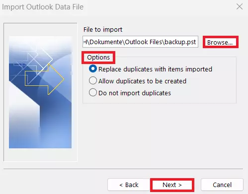 Outlook Import and Export Wizard: Choice of file location.