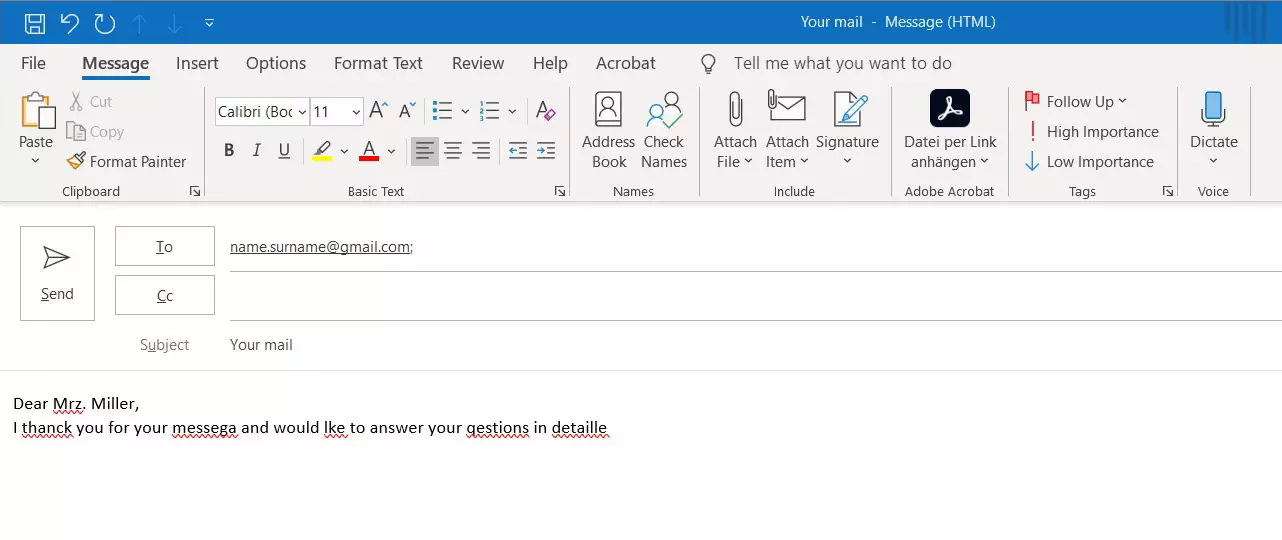 Outlook spell check: Example of spell check highlighting