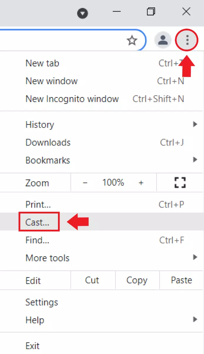 To start broadcasting from your PC to your TV, go to “Cast” in the three-point menu