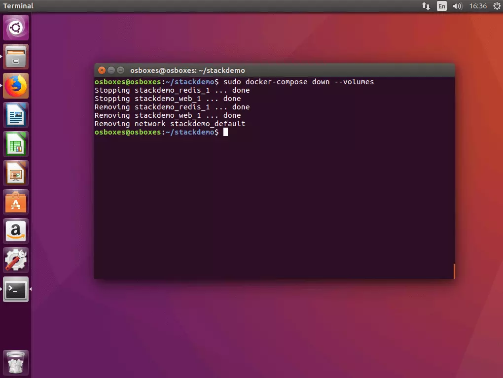 The command “docker-compose down” in the Ubuntu terminal