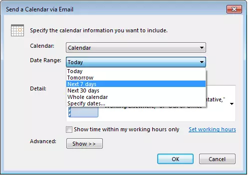 Timing options in the “Send Calendar via Email” dialog box.