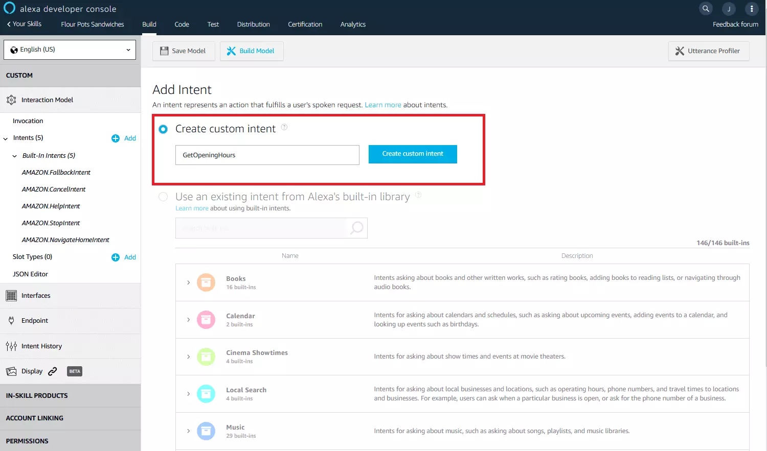 Alexa Development Console: definition of intents.