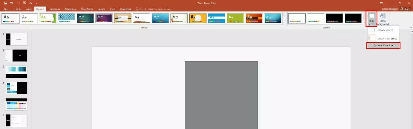 “Slide Size” button in PowerPoint 2016