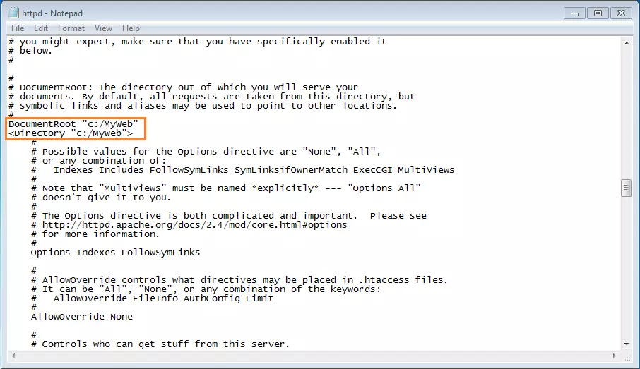 Adjusting the information for ’DocumentRoot’ and ’Directory’ in the httpd.conf file