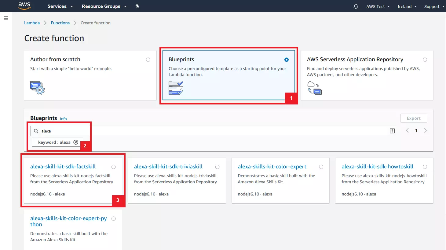 AWS Management Console: selecting the template for the Lambda function.