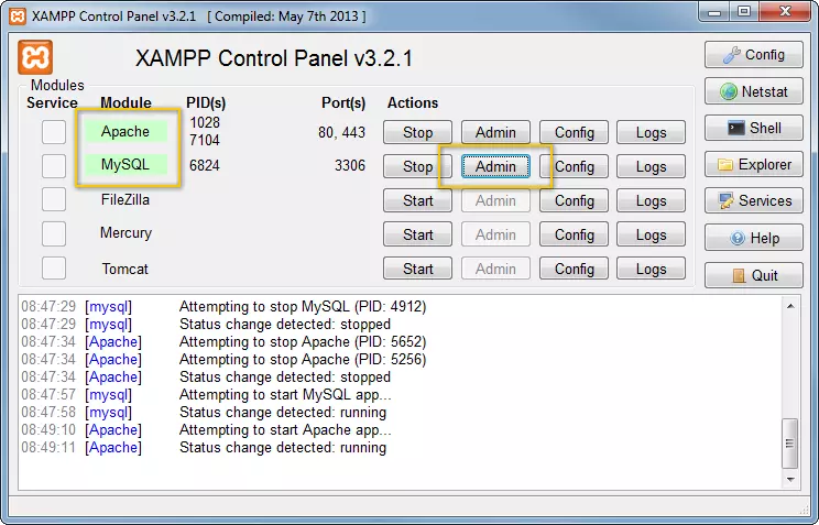 Starting Apache and MySQL