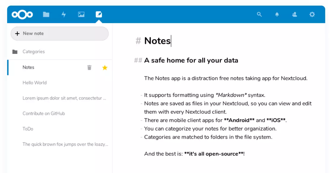 Screenshot of Notes in the Nextcloud app database