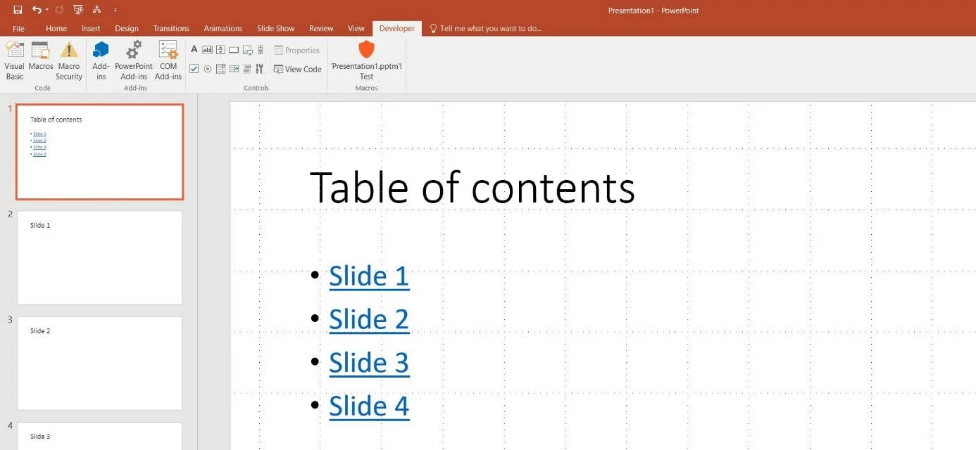 PowerPoint 2016: Example slide with table of contents